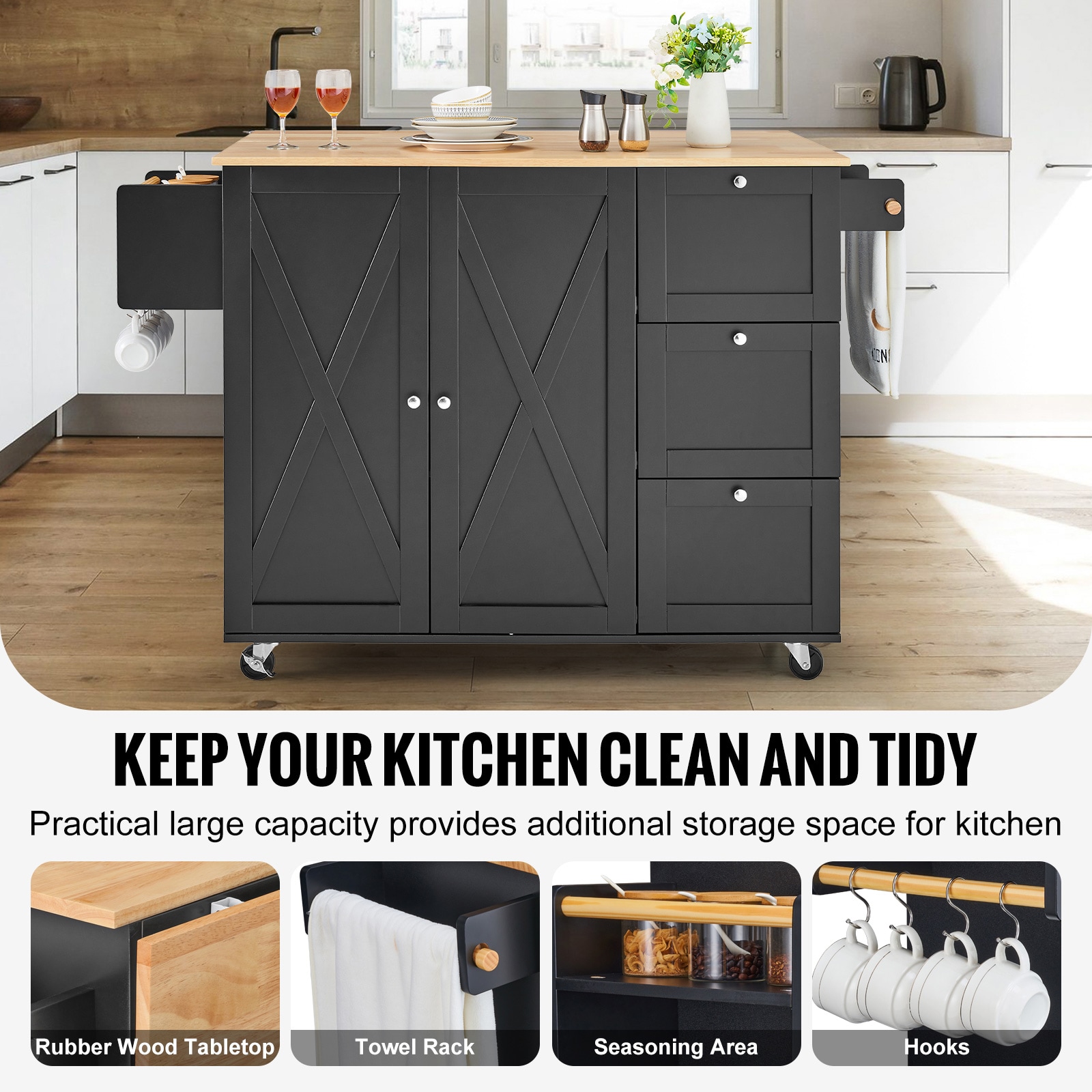 Kitchen Island Cart Rolling Storage Cabinet On Wheel With Drawer & Shelves_voghion.com